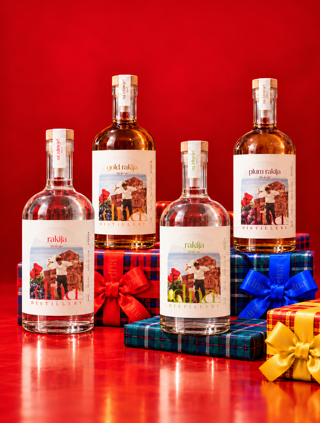 Classic, Gold, Pear and Plum rakija with tartan Christmas gifts.