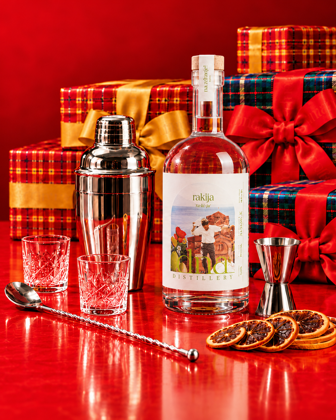 Pear rakija with silver cocktail tools and Christmas gifts.